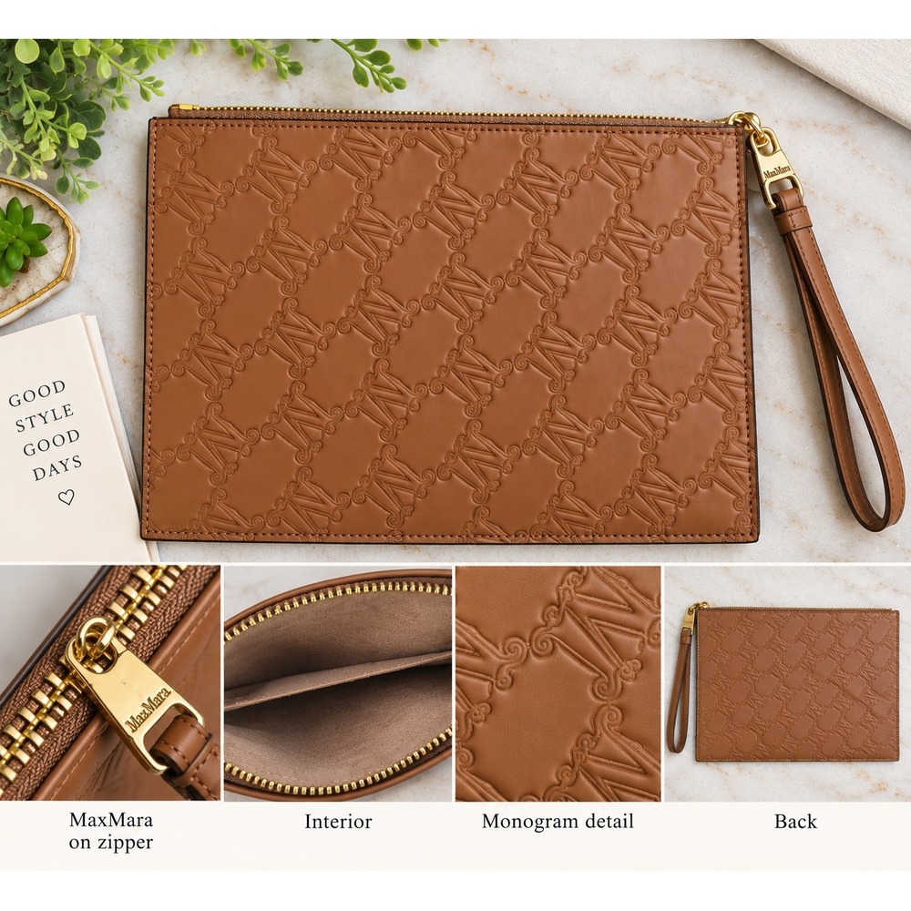Max Mara Monogram Embossed Leather Wristlet Clutch Brown Camel Bag OS